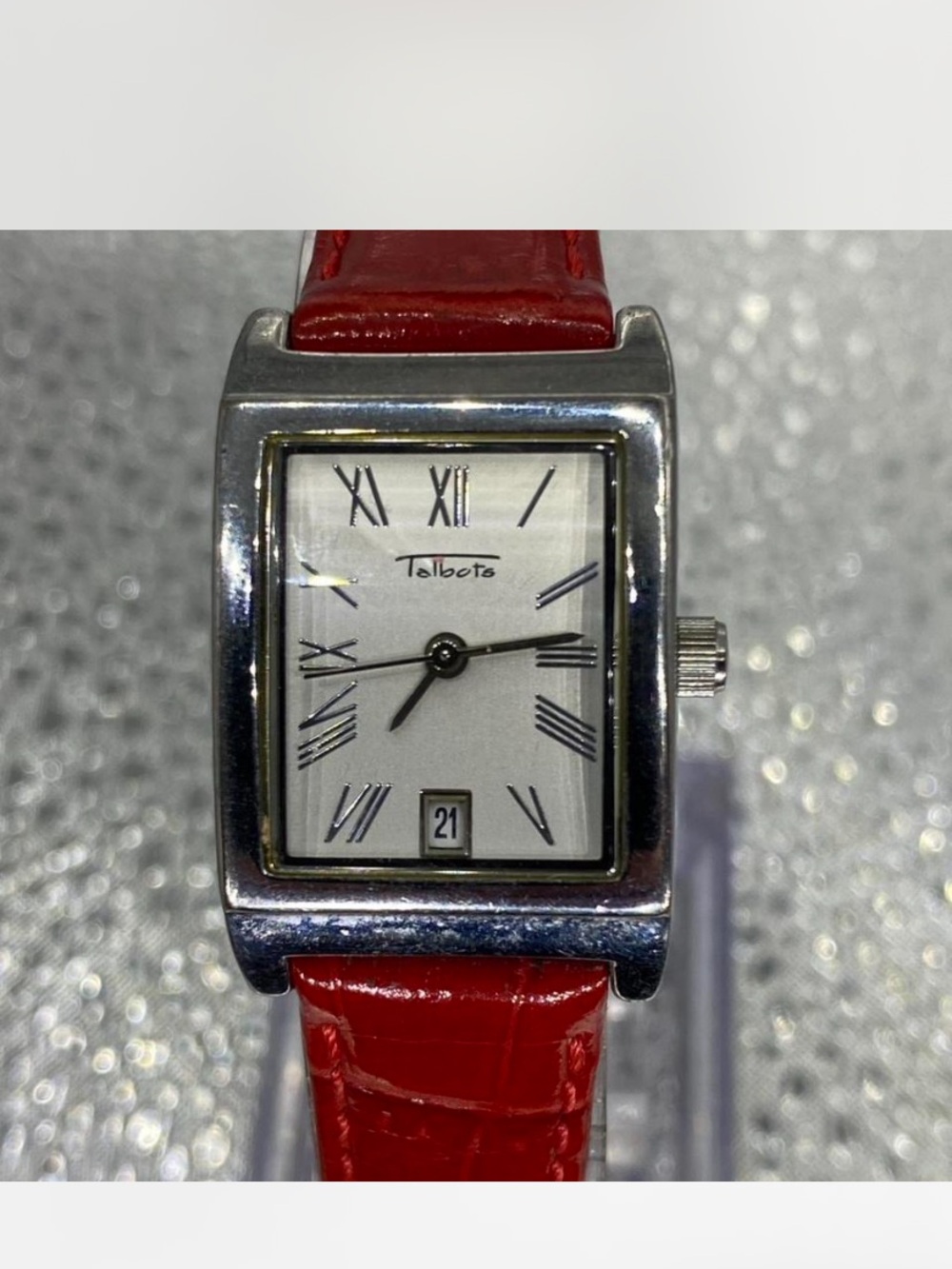 ^^^ Talbots  *** Silver-Tone Rectangular Watch / Red Leather Strap ***